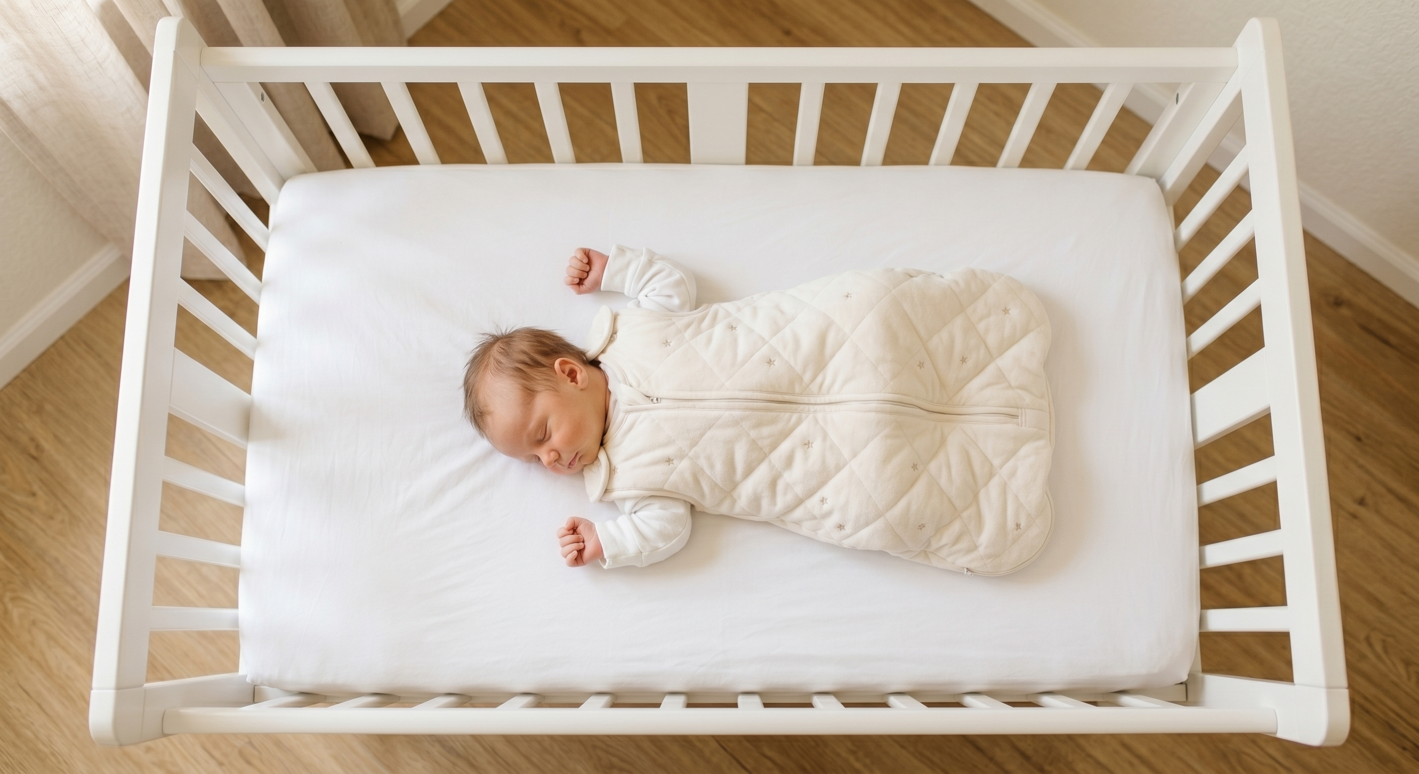 Peacefully sleeping baby in a white cot